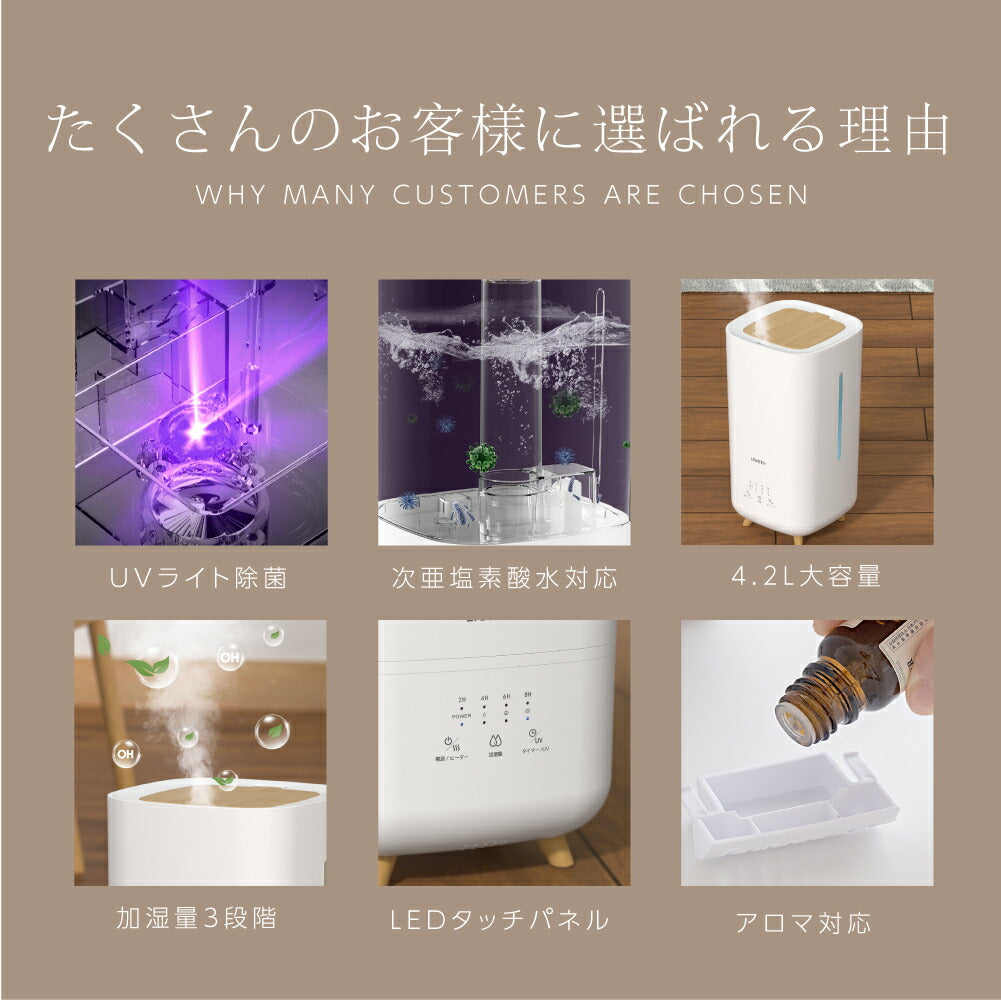 30日限定☆80%OFF で996円!卓上 ハイブリッド加湿器 加熱式 超音波 加湿器 UVライト 除菌 大容量4L 上部給水 次亜塩素酸水対応 3段階加湿調節 タイマー機能 LEDタッチパネル 空気清浄 アロマ対応 静音 省エネ 空焚き防止 寝室 家庭 オフィス h-00017