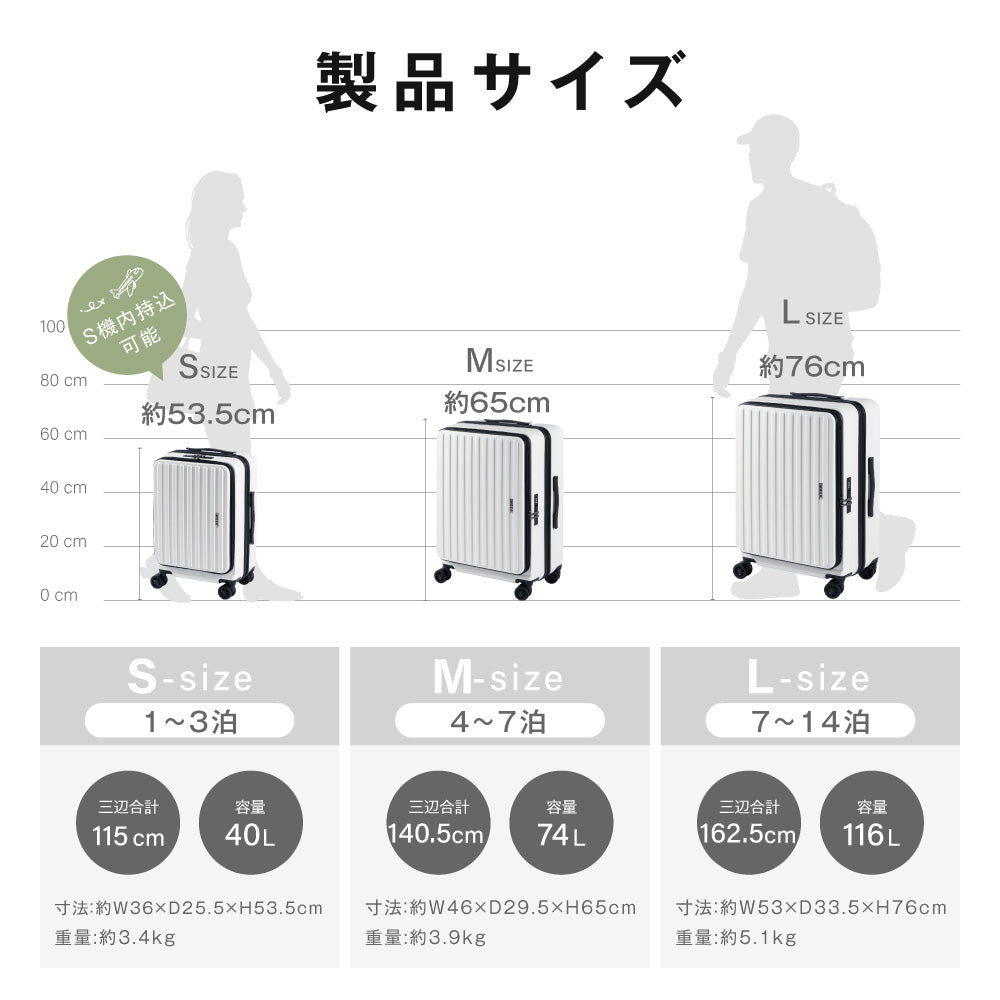 【50%OFF クーポン利用で4556円】一部予約販売！スーツケース フロントオープン USBポート付き 容量拡張機能 キャリーバッグ S/M/Lサイズ 40L/74L/116L 360度回転 静音 カ軽量設計 トランク ダブルキャスター 耐衝撃 超軽量修学旅行 a-00029