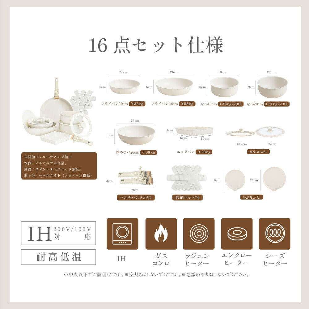 【75%OFFクーポン利用で6995円】フライパン セット ih 16点 IH〜ガス火対応 取っ手が取れる エッグパン 蓋付き 簡単調理 お弁当 蓋 鍋 軽い キッチン用品 保存容器 冷凍 食器 調理器具 手入れ簡単 家庭用 子供 一人暮らし c-00028