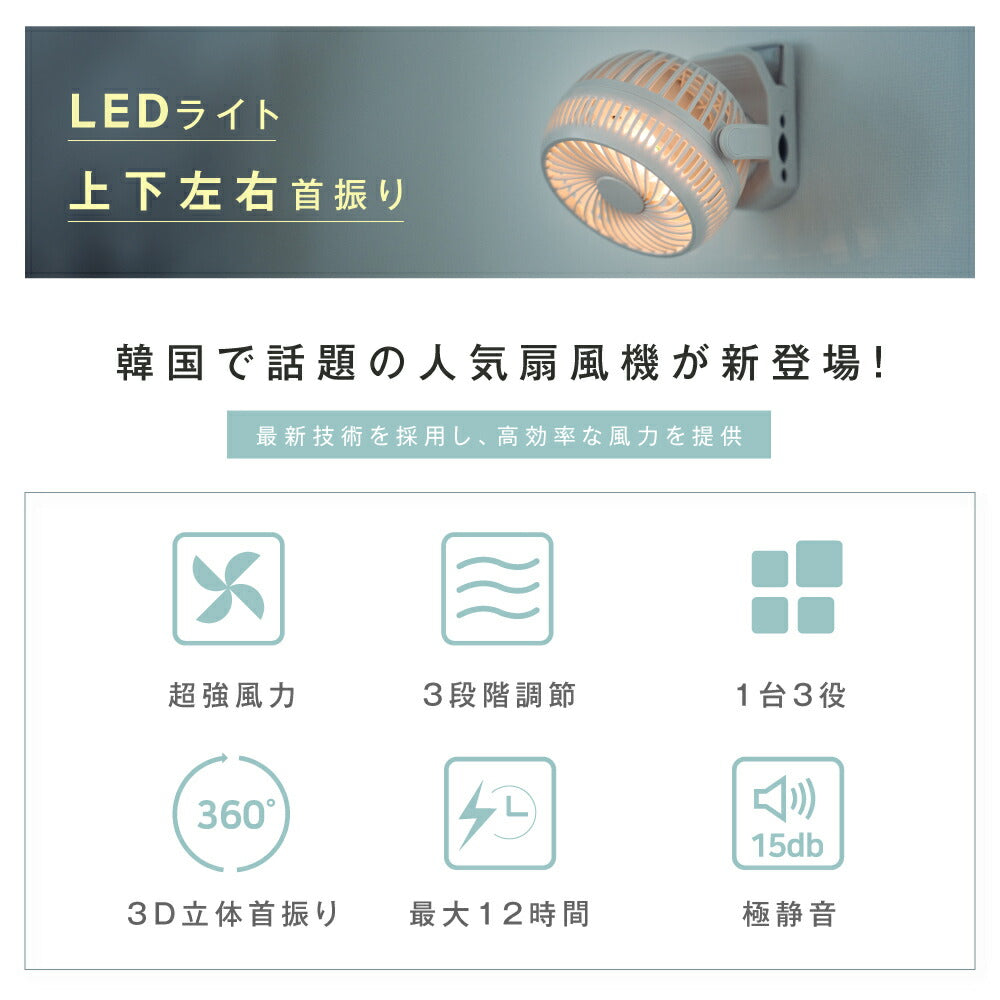 【75%OFFクーポン利用で1495円】扇風機 クリップ式 LEDライト付き おしゃれ 小型 充電式扇風機 壁掛け 大容量バッテリー 360°角度調節可能 ベビーカー取付可 卓上 スタンド式 USB給電 コードレス 静音設計 サーキュレーター アウトドア対応 常夜灯 i-00030